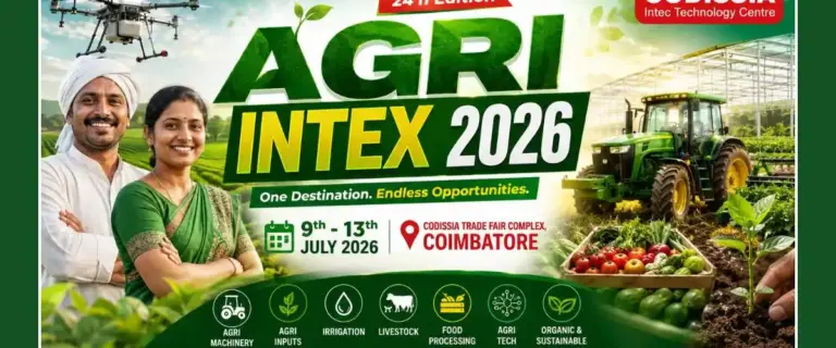 AGRI INTEX 2026 promotional banner featuring Indian male and female farmers, agricultural machinery, drone technology, greenhouse farming, and CODISSIA Trade Fair Complex Coimbatore