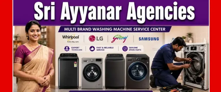 Multi-brand washing machine service center in Coimbatore with an Indian technician repairing a washing machine and major brands including LG, Samsung, Whirlpool, and Godrej