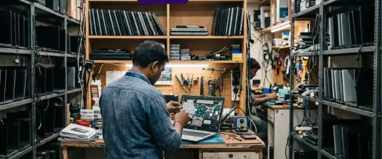 An Indian technician repairing an open laptop on a workbench inside a well-stocked computer service center in Coimbatore, surrounded by rows of laptops and PCs on shelves