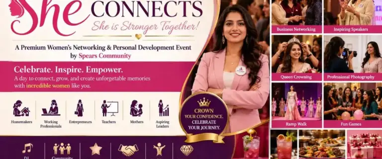 She Connects premium women's networking and personal development event banner featuring business networking, inspiring speakers, queen crowning ceremony, ramp walk, and women empowerment activities by Spears Community